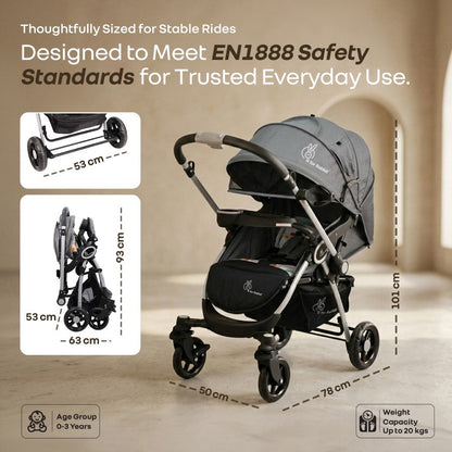 Chocolate Ride Stroller For Kids Reversible Handle, Multiple Recline Positions, Cup Holder with Meal Tray, 5 Point Safety Harness, Storage Basket - Grey Safari