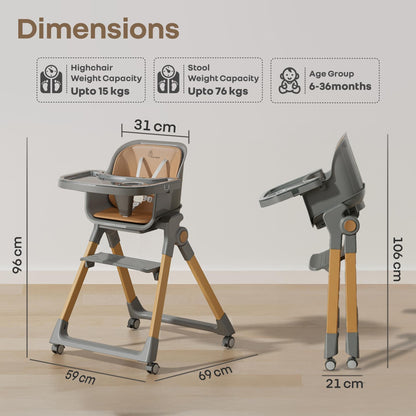 Walnut High Chair - 3 in 1 Convertible kids Highchair with Booster & Stool - Dark Grey