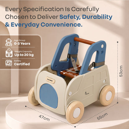 Kiddie Kart 4 in 1 Kids Toy Storage Cart, Sit & Ride, Push Walker & Pull Along, Adjustable Dual Height Handlebar, Quick Plug & Play, Age 0–3 Years – Grey Blue