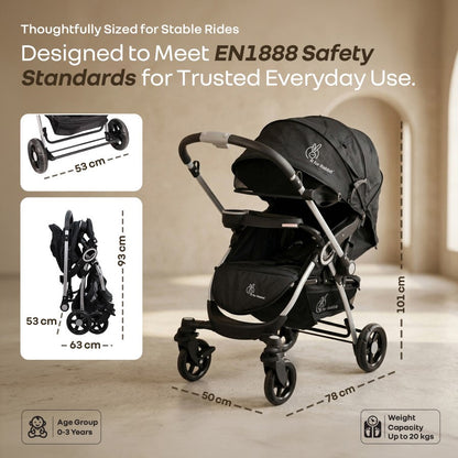 Chocolate Ride Stroller For Kids Reversible Handle, Multiple Recline Positions, Cup Holder with Meal Tray, 5 Point Safety Harness, Storage Basket - Black Grey