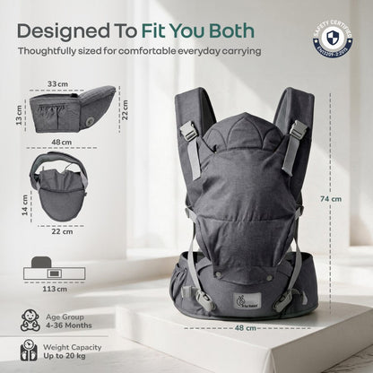 Solo Wrap Comfy 5-in-1 Baby Carrier with Detachable Hip Seat, X Back & Lumbar Support, Ergonomic M Position - Charcoal Grey