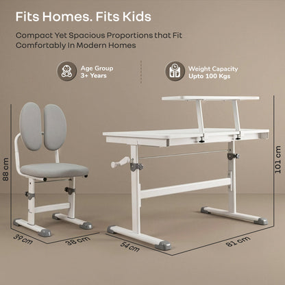 Kiddie Grow Edge Kids Study Table & Chair Set 3-15 Years, Adjustable Height, Storage Drawer & Bookshelf - White Grey
