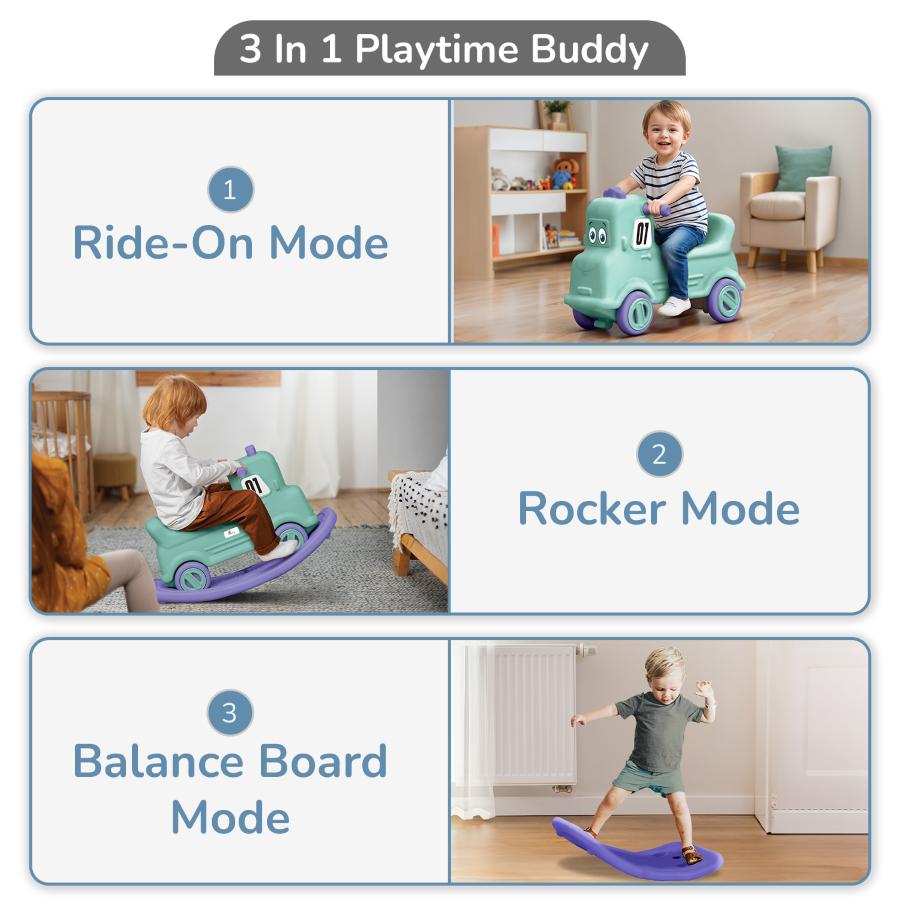 Rock N Ride 3-in-1 Balance Board, Ride On & Rocker for Kids (1-4 Years) - Green Purple