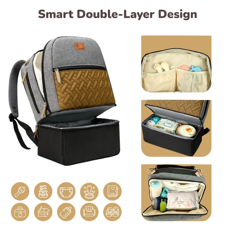 Caramello Truffle – Large Capacity Diaper Bag with Stroller Attachment - Black Mustard