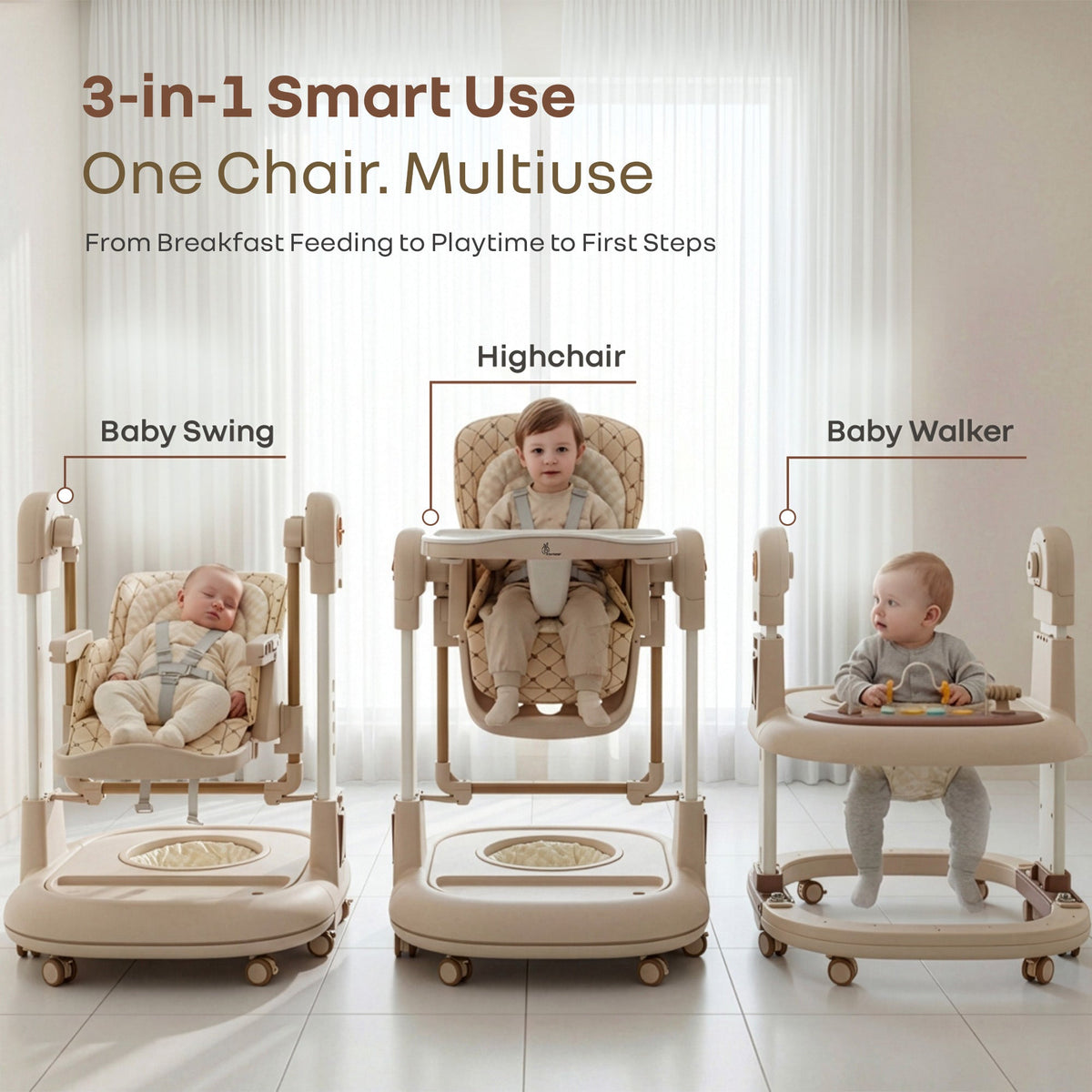 Marshmallow Trio 3 in 1 Highchair, Swing & Baby Walker with Lights, Music & Dual Tray - Beige