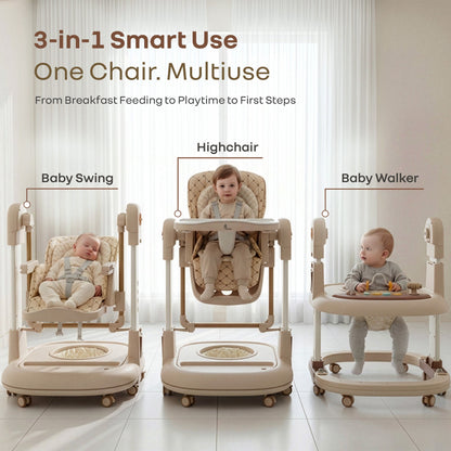 Marshmallow Trio 3 in 1 Highchair, Swing & Baby Walker with Lights, Music & Dual Tray - Beige