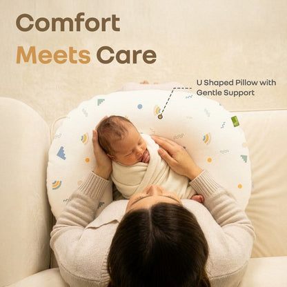 Snuggy Comfy Baby Feeding Pillow for Newborn Babies 0+ Months, Ergonomic Cotton Nursing Pillow with Tummy Time & Sitting Support - Abstract Beige