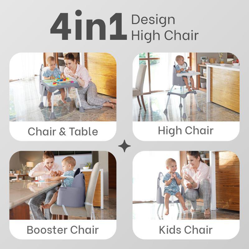 4 in 1 Cherry Berry Grand High Chair - Convertible, Removable Tray, Non Slippery-Anti Tipping, Booster Seat, Study Table & Chair Convertible - Teddy Grey