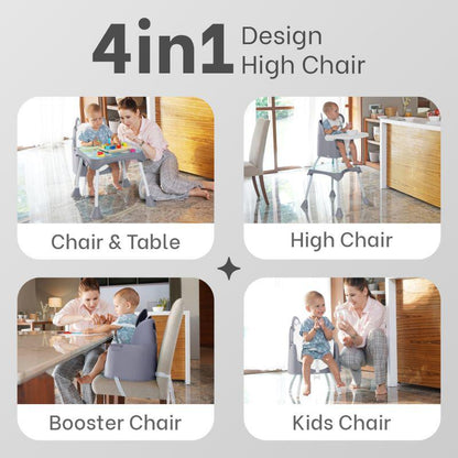 4 in 1 Cherry Berry Grand High Chair - Convertible, Removable Tray, Non Slippery-Anti Tipping, Booster Seat, Study Table & Chair Convertible - Teddy Grey
