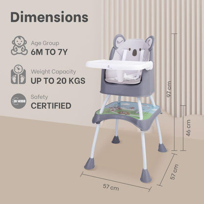 4 in 1 Cherry Berry Grand High Chair - Convertible, Removable Tray, Non Slippery-Anti Tipping, Booster Seat, Study Table & Chair Convertible - Teddy Grey