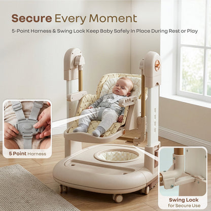 Marshmallow Trio 3 in 1 Highchair, Swing & Baby Walker with Lights, Music & Dual Tray - Beige