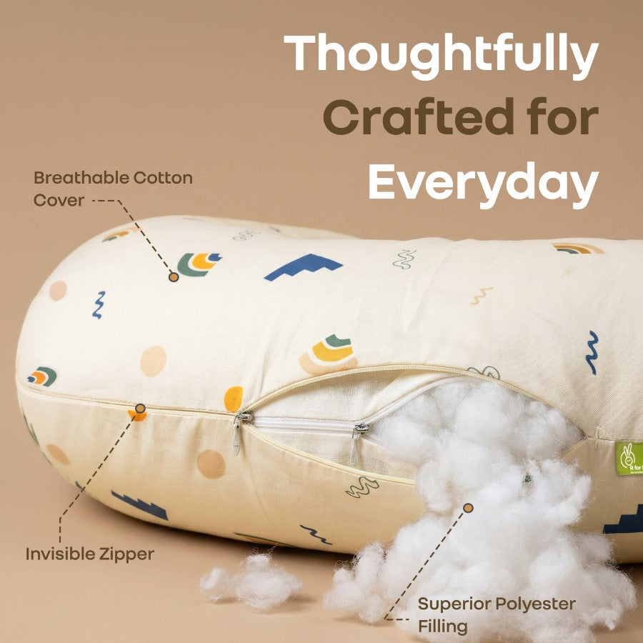 Snuggy Comfy Baby Feeding Pillow for Newborn Babies 0+ Months, Ergonomic Cotton Nursing Pillow with Tummy Time & Sitting Support - Abstract Beige