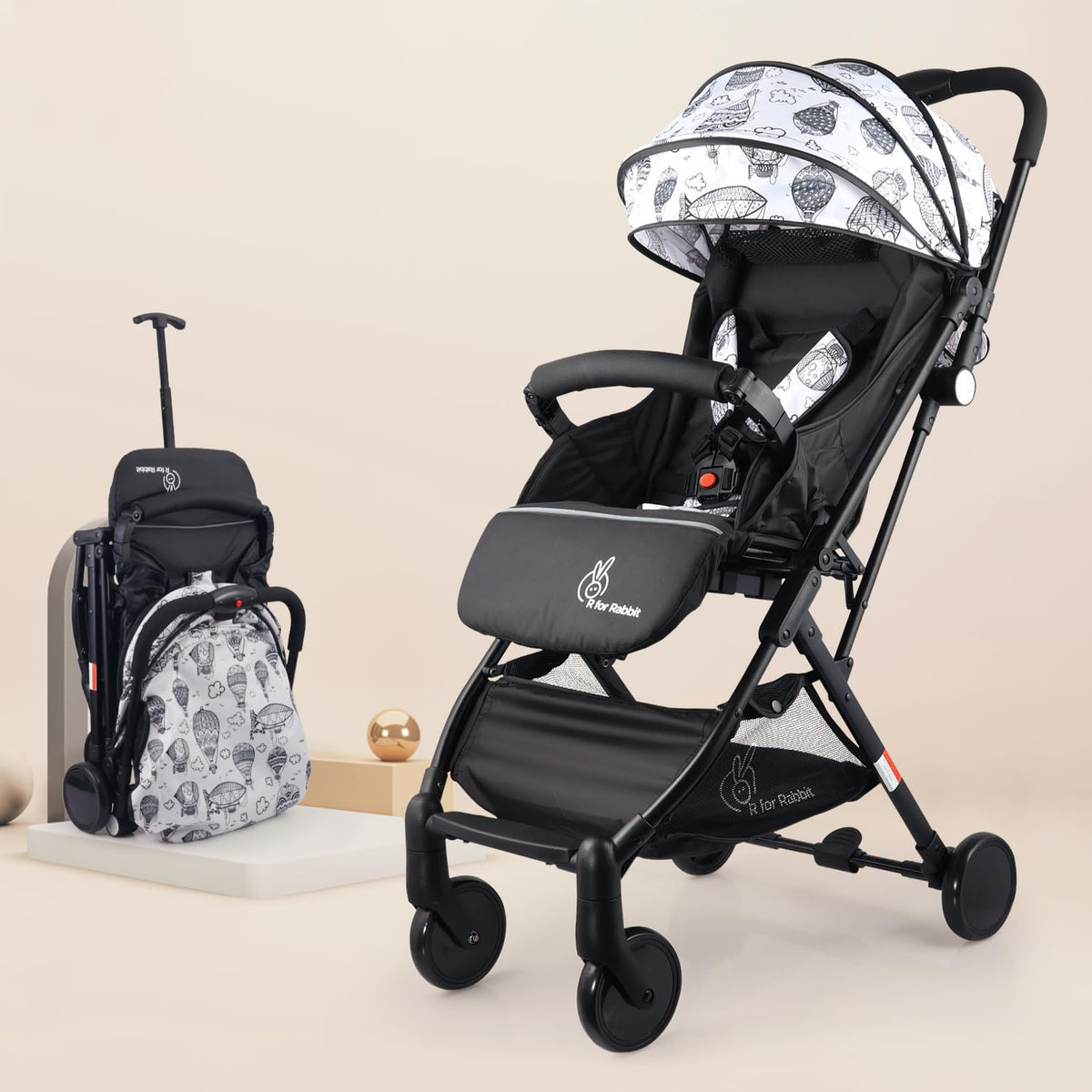 Pocket Stroller Lite One Hand Fold, Multi Recline, Light Weight, Travel Friendly, Adjustable Canopy, Steel Frame, Link Brake, 0-3 Years - Black White
