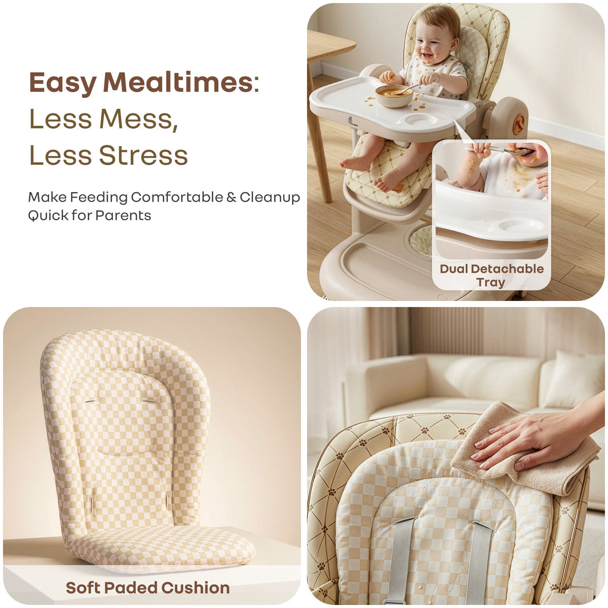 Marshmallow Trio 3 in 1 Highchair, Swing & Baby Walker with Lights, Music & Dual Tray - Beige