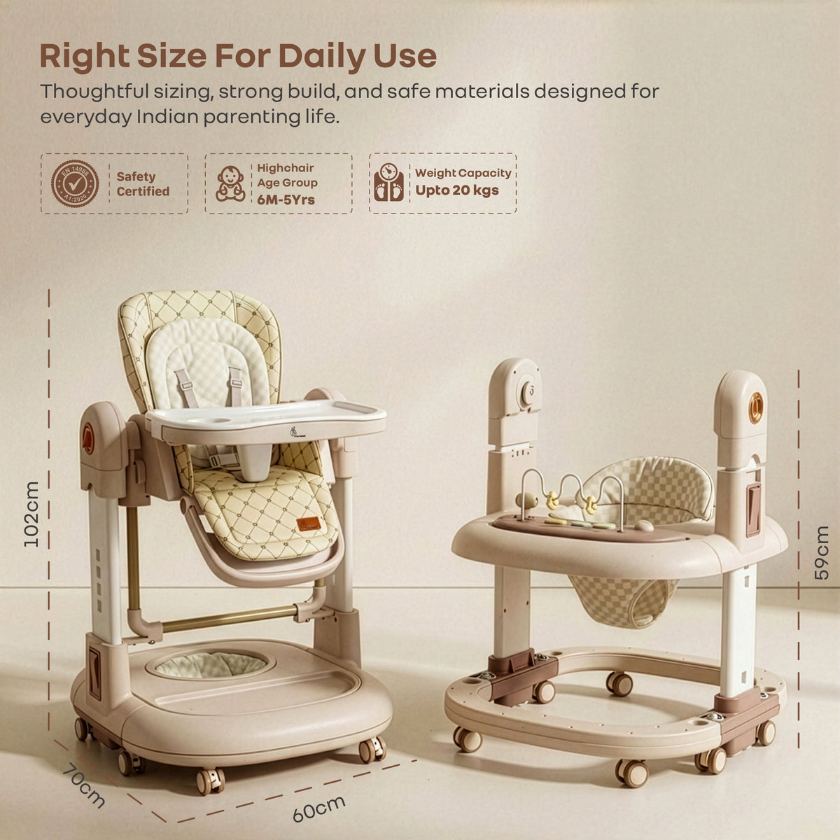 Marshmallow Trio 3 in 1 Highchair, Swing & Baby Walker with Lights, Music & Dual Tray - Beige
