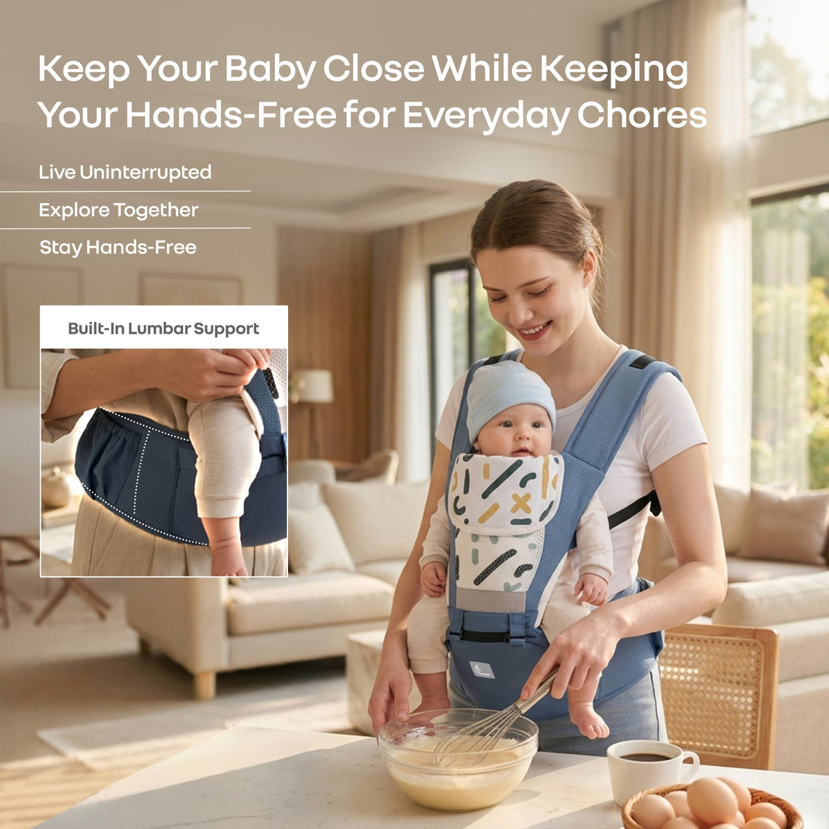 CuddleUp Care 5 in 1 Ergonomic Baby Carrier with M-Shape Hip Seat and H-Shape Back Support – Abstract Blue