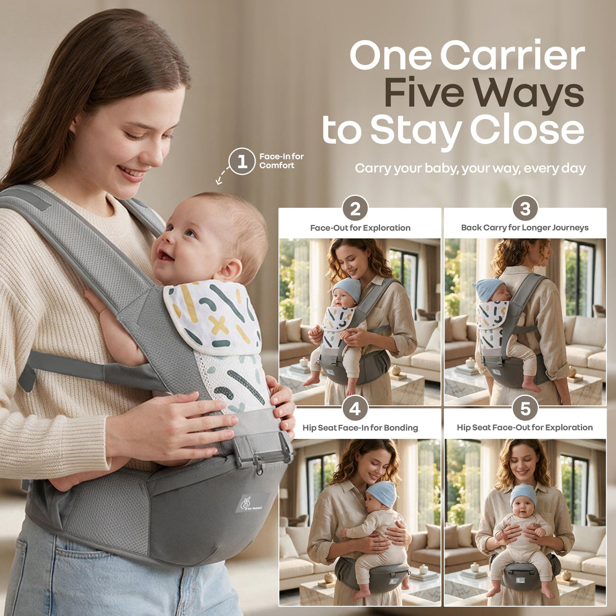 CuddleUp Care 5 in 1 Baby Carrier with 3D Silicone Anti-Slip Hip Seat and Lumbar Support – Abstract Grey