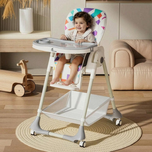 Marshmallow High Chair - 7 Level Height Adjustment, 3 Recline Modes, Adjustable & Removable Double Meal Tray, 6 months-5 years - Abstract White