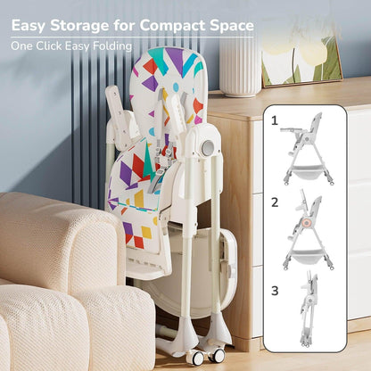 Marshmallow High Chair - 7 Level Height Adjustment, 3 Recline Modes, Adjustable & Removable Double Meal Tray, 6 months-5 years - Abstract White