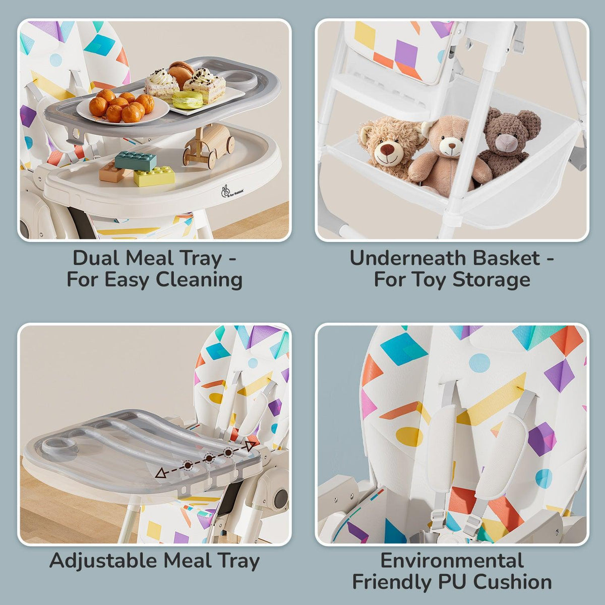 Marshmallow High Chair - 7 Level Height Adjustment, 3 Recline Modes, Adjustable & Removable Double Meal Tray, 6 months-5 years - Abstract White