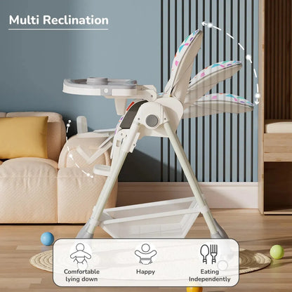 Marshmallow High Chair - 7 Level Height Adjustment, 3 Recline Modes, Adjustable & Removable Double Meal Tray, 6 months-5 years - Abstract White