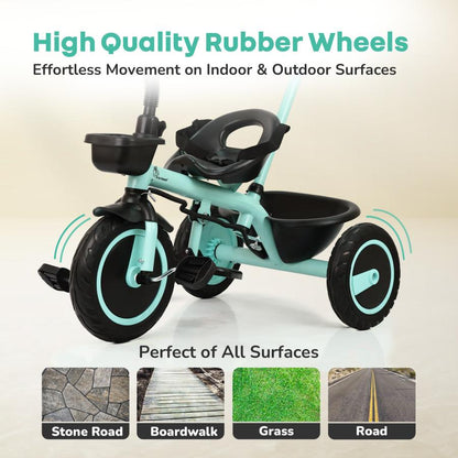 Tiny Toes R20 Plus Tricycle for Kids with Safety Certification, Plug-and-Play Design, Rubber Wheels & Steel Frame - Aqua Blue