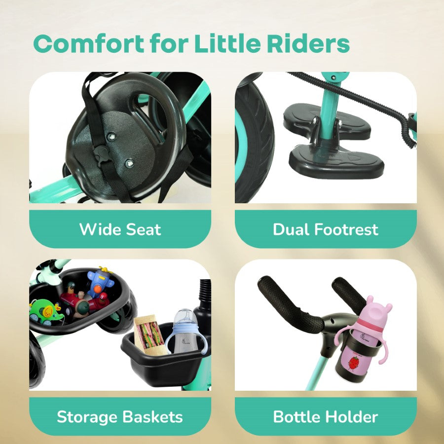 Tiny Toes R20 Plus Tricycle for Kids with Safety Certification, Plug-and-Play Design, Rubber Wheels & Steel Frame - Aqua Blue