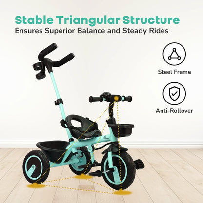 Tiny Toes R20 Plus Tricycle for Kids with Safety Certification, Plug-and-Play Design, Rubber Wheels & Steel Frame - Aqua Blue