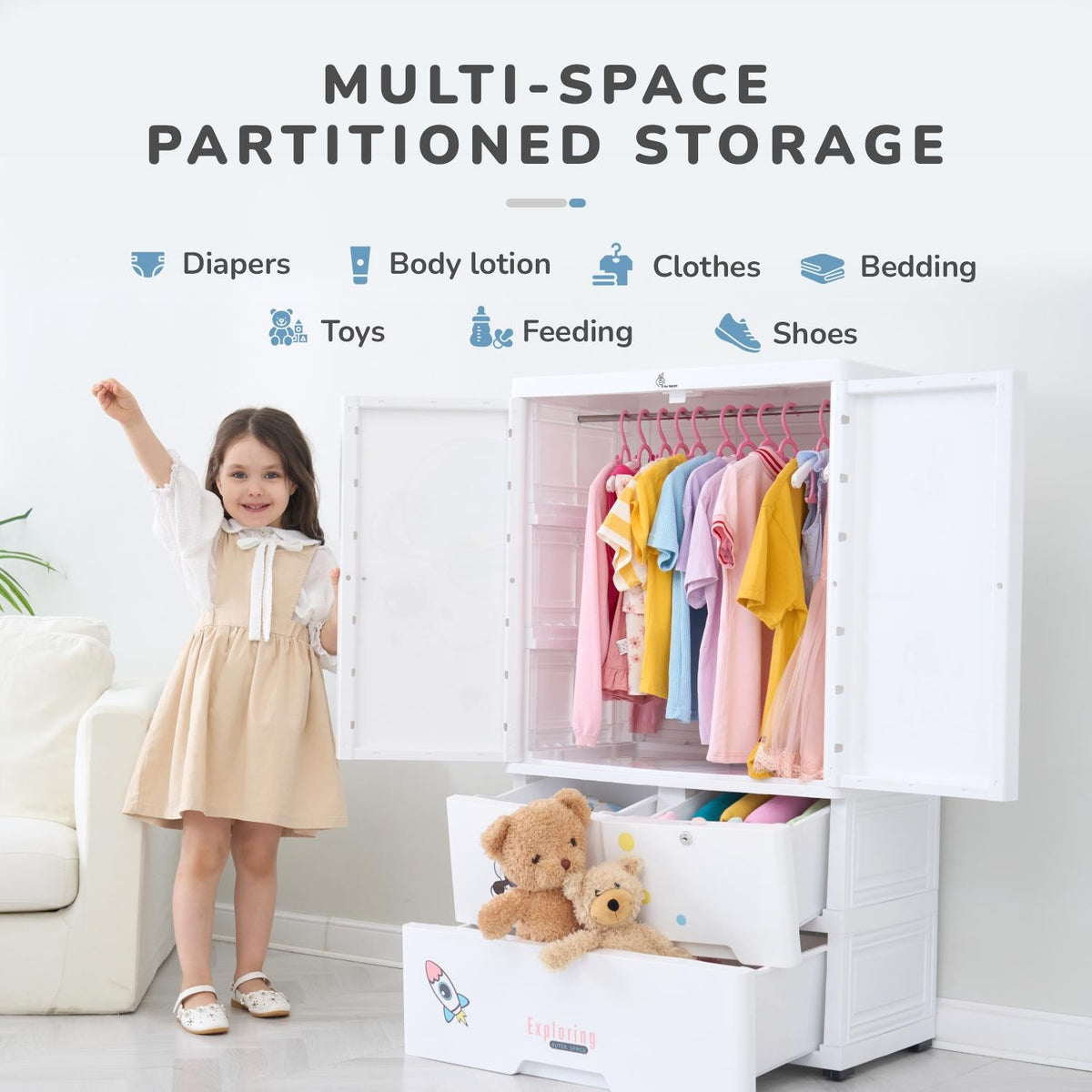 Kiddo Korner Stellar Storage Organizer Cupboard For Kids With Rustproof Stainless Steel Rods - Astro White
