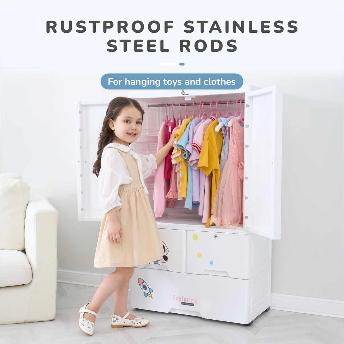 Kiddo Korner Stellar Storage Organizer Cupboard For Kids With Rustproof Stainless Steel Rods - Astro White