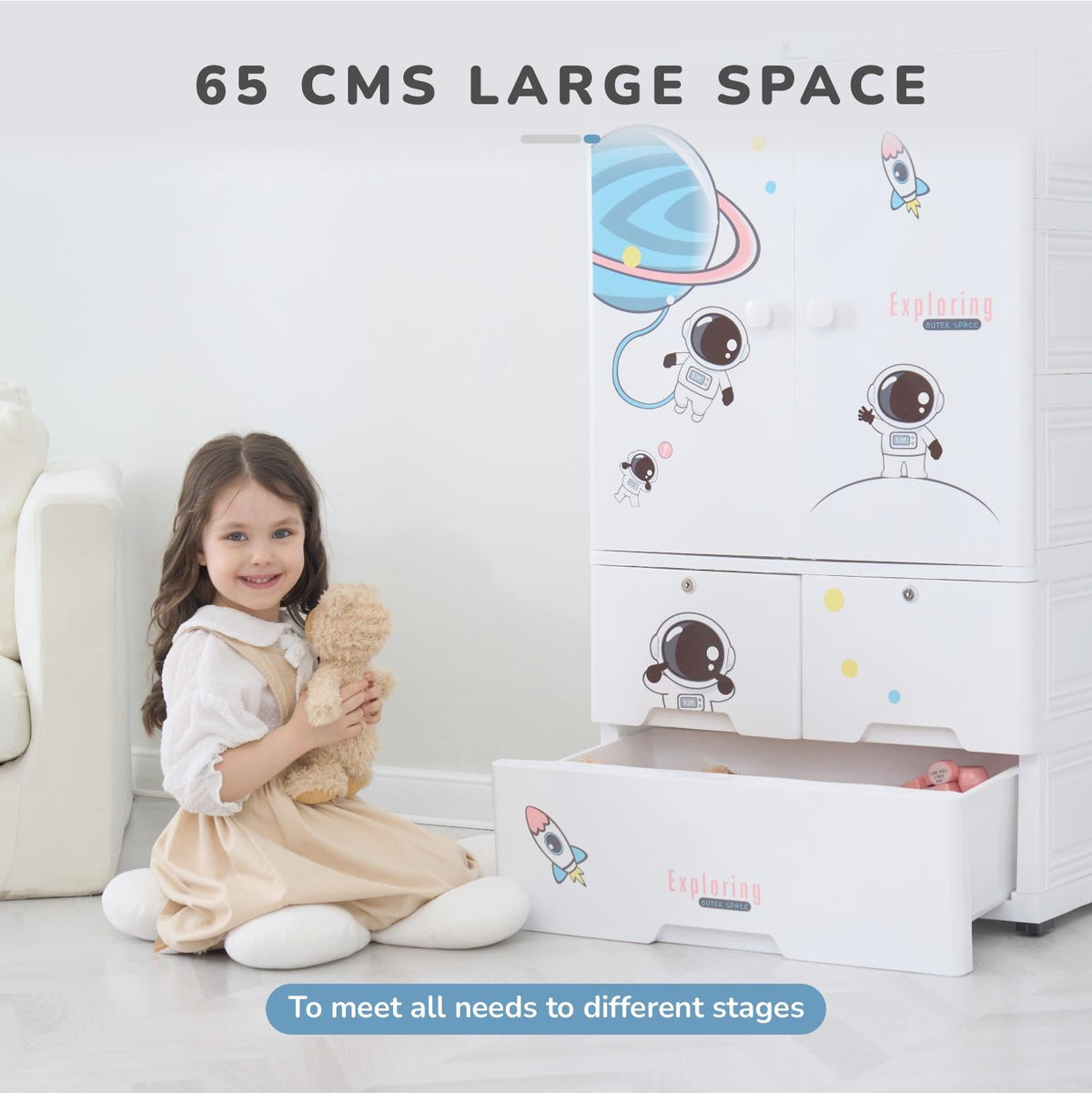 Kiddo Korner Stellar Storage Organizer Cupboard For Kids With Rustproof Stainless Steel Rods - Astro White