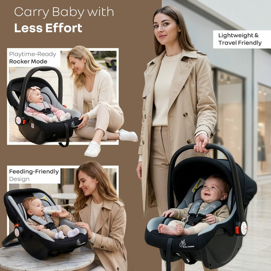 Picaboo 4 In 1 Multipurpose Baby Carry Cot Cum Car Seat With Safety Belt - Black Grey
