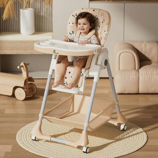 Marshmallow High Chair - 7 Level Height Adjustment, 3 Recline Modes, Adjustable & Removable Double Meal Tray, 6 months-5 years - Beige