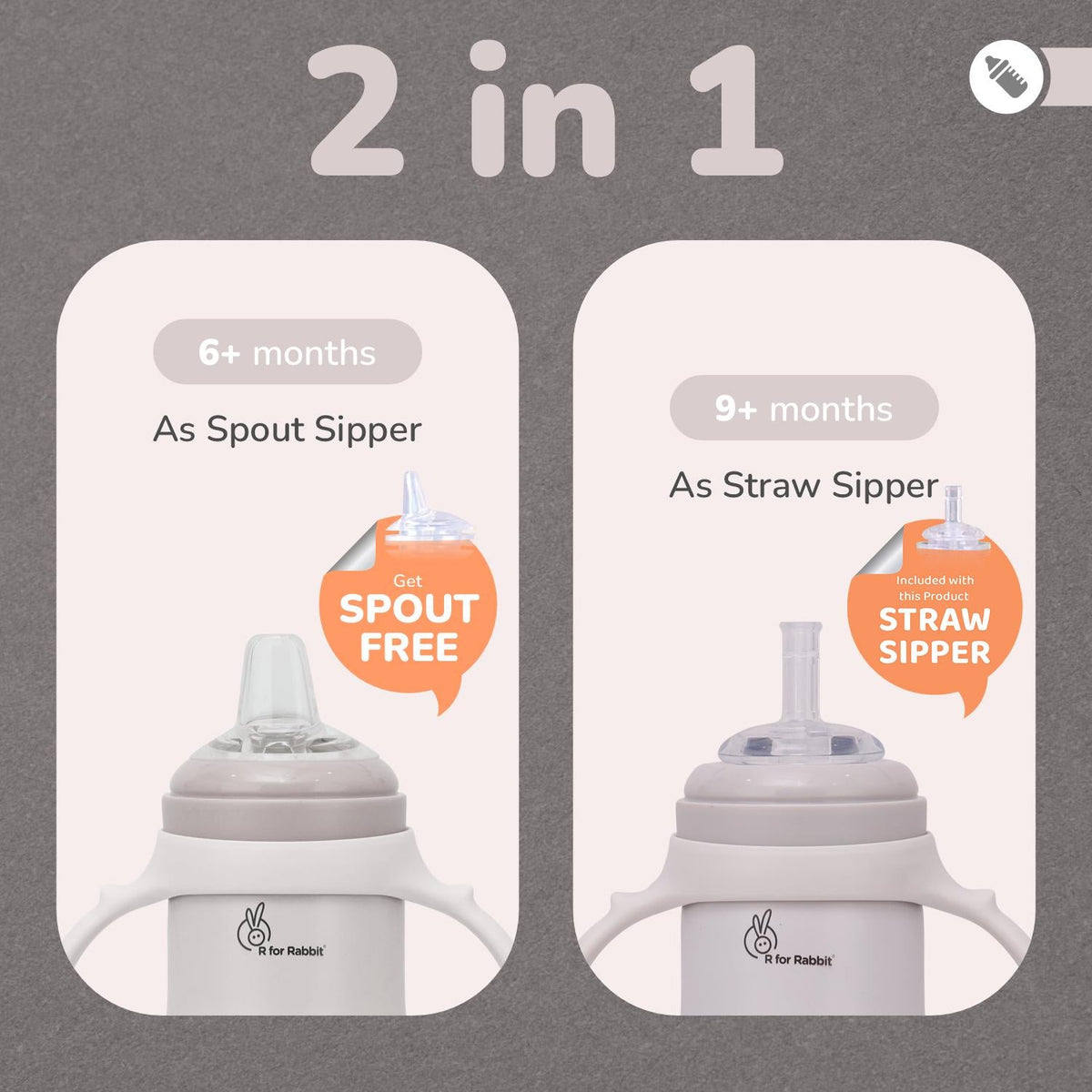 Steebo Tiny Tales 2 in 1 Spout and Straw Sipper Stainless Steel Bottle For Kids 270ml - Beige
