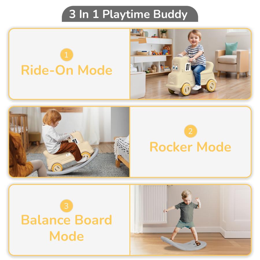 Rock N Ride 3-in-1 Balance Board, Ride On & Rocker for Kids (1-4 Years) - Beige Grey