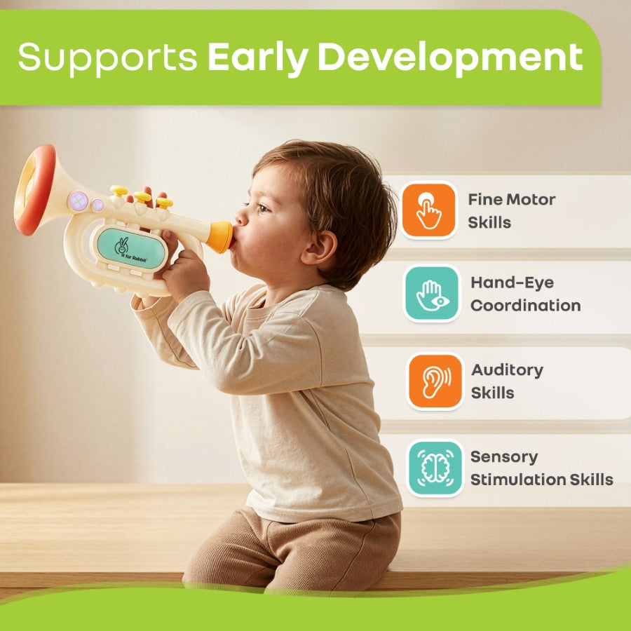 Orapple Funtunes Trumpet BIS Certified Kids Musical Toy with Non-Toxic ABS Material, Multi-Mode Play & Safe Rounded Edges - Beige Multi