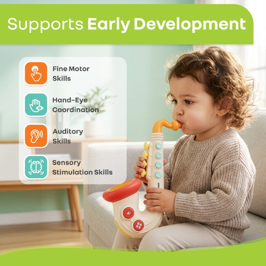 Orapple Funtunes Saxophone Musical Toy for Kids with Lights, 4 Play Modes, Built-in Melodies, Smart Auto Shut-Off & BIS Certified Safety (12+ Months) - Beige Multi