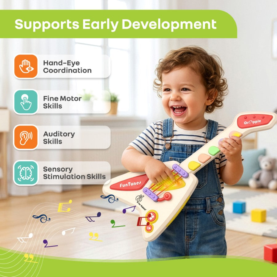 Orapple Funtunes Guitar Musical Toy for Kids with Lights, Music, 4 Play Modes, 5-Level Volume Control & BIS Certified Safety (12+ Months) - Beige Multi