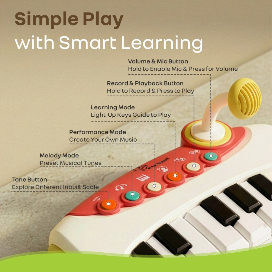 Orapple Funtunes Piano Musical Toy for Kids with Lights, Record & Play Function, 5-Level Volume Control & BIS Certified Safety (12+ Months) - Beige Multi