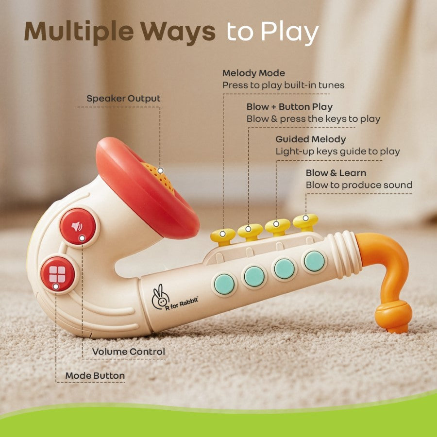 Orapple Funtunes Saxophone Musical Toy for Kids with Lights, 4 Play Modes, Built-in Melodies, Smart Auto Shut-Off & BIS Certified Safety (12+ Months) - Beige Multi