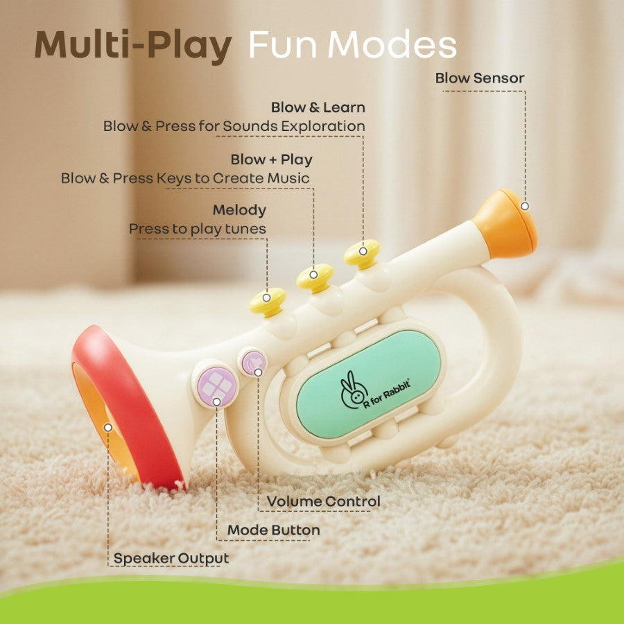 Orapple Funtunes Trumpet BIS Certified Kids Musical Toy with Non-Toxic ABS Material, Multi-Mode Play & Safe Rounded Edges - Beige Multi