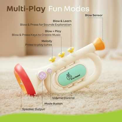 Orapple Funtunes Trumpet BIS Certified Kids Musical Toy with Non-Toxic ABS Material, Multi-Mode Play & Safe Rounded Edges - Beige Multi