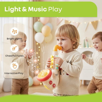 Orapple Funtunes Saxophone Musical Toy for Kids with Lights, 4 Play Modes, Built-in Melodies, Smart Auto Shut-Off & BIS Certified Safety (12+ Months) - Beige Multi
