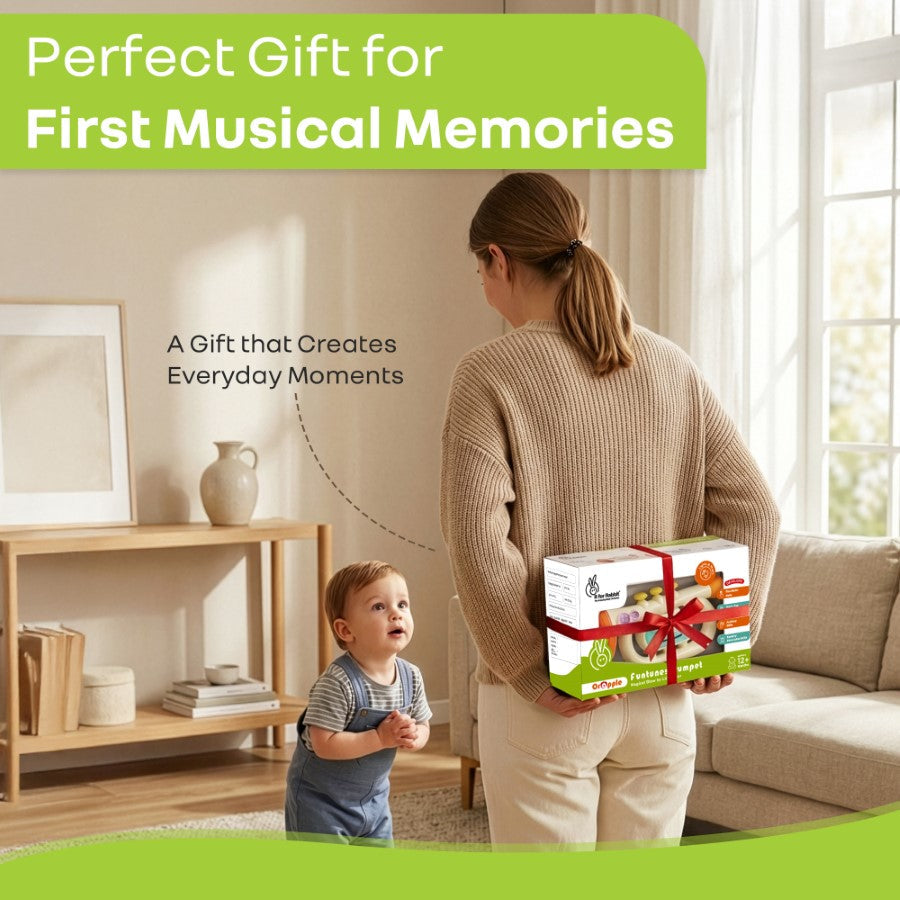 Orapple Funtunes Trumpet BIS Certified Kids Musical Toy with Non-Toxic ABS Material, Multi-Mode Play & Safe Rounded Edges - Beige Multi