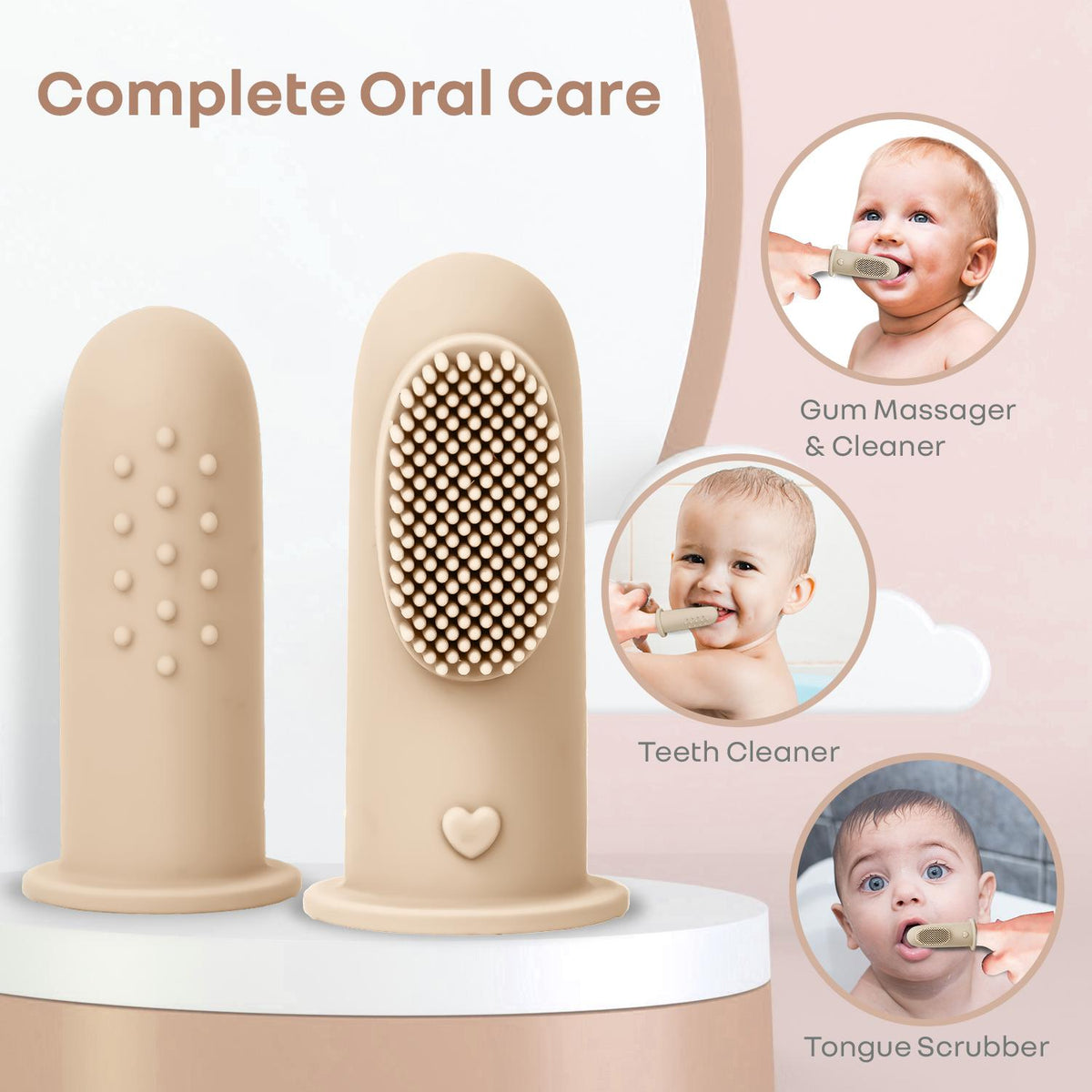 Tiny Smiles Gummy Baby Finger Brush, Food Grade Silicone Toothbrush, Gum Massager with Storage Case - Beige