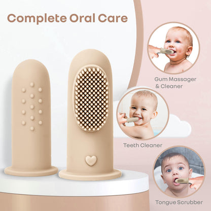 Tiny Smiles Gummy Baby Finger Brush, Food Grade Silicone Toothbrush, Gum Massager with Storage Case - Beige