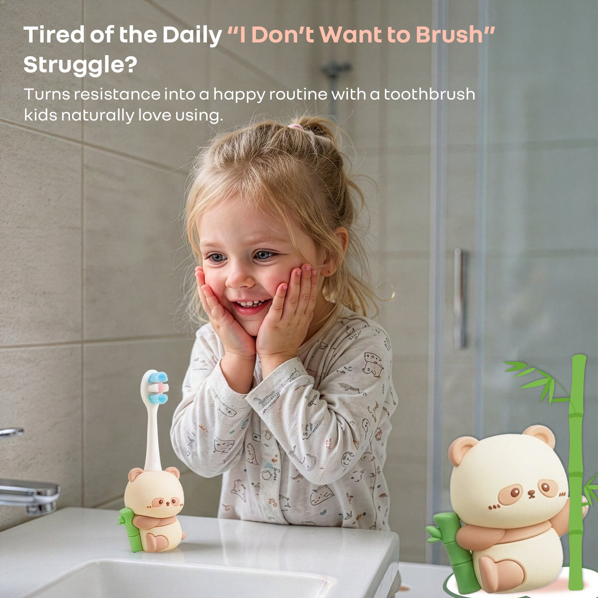 Tiny Smiles Panda Kids Toothbrush, Ultra Soft PBT Bristles Brush, BPA Free, Self-Standing with Travel Case - Beige