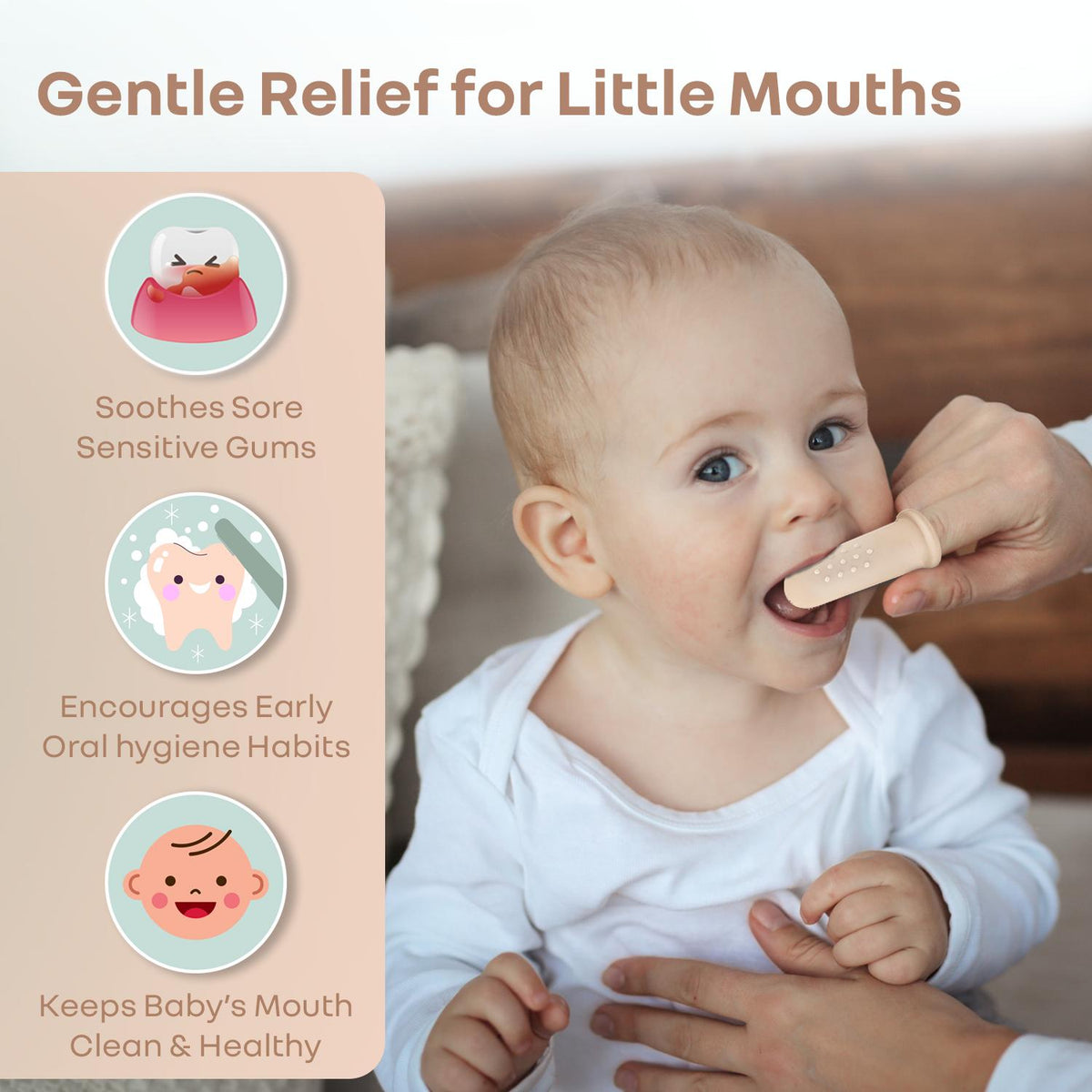 Tiny Smiles Gummy Baby Finger Brush, Food Grade Silicone Toothbrush, Gum Massager with Storage Case - Beige
