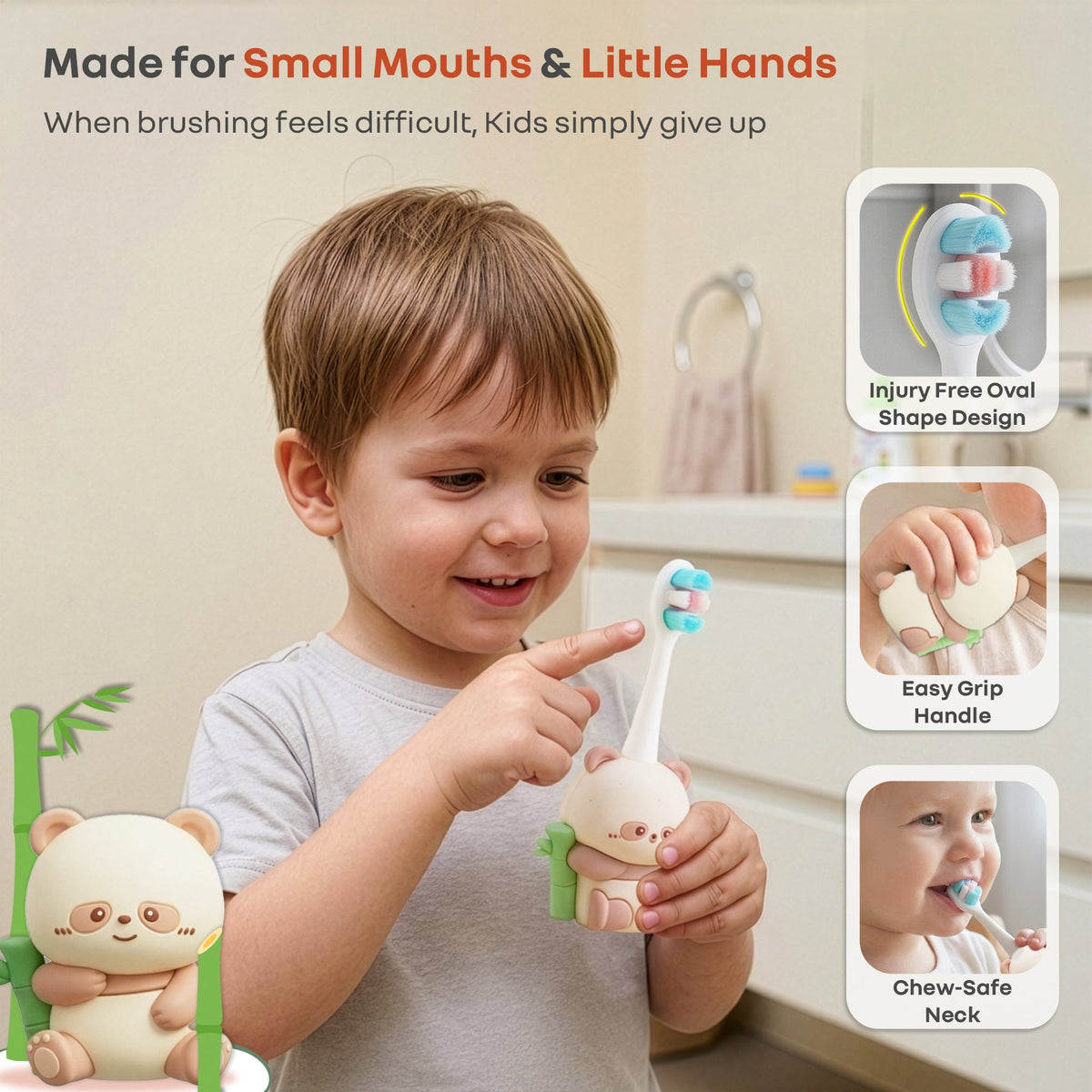 Tiny Smiles Panda Kids Toothbrush, Ultra Soft PBT Bristles Brush, BPA Free, Self-Standing with Travel Case - Beige