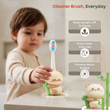 Tiny Smiles Panda Kids Toothbrush, Ultra Soft PBT Bristles Brush, BPA Free, Self-Standing with Travel Case - Beige